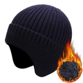 Winter thermal knit trapper hat in navy blue with thick fleece lining for cold protection - Fleece Lined Style / Navy Blue