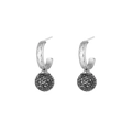 Silver stainless steel drop earrings with textured hoops and black crystal pavé spheres - Disco Black Zirconia Ball (E307175) - White Black