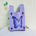 Chic purple knitted tote bag with navy butterfly pattern and star embroidery - Star Purple Butterfly