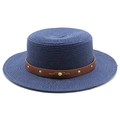 Détail d'un chapeau de paille bleu marine avec ruban cuir et rivets dorés - M (56-58cm) / Bleu marine