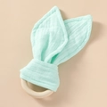 Mint green bunny ear teething ring made of natural wood and organic cotton muslin - Teal