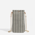 Women's woven straw crossbody phone bag with herringbone pattern and gold chain strap - Chain Style / Black