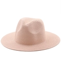 Detailed close-up of pink wide brim straw fedora hat featuring premium woven texture - One Size 58cm / Dusty Pink