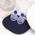 Blue and white porcelain style round acrylic drop earrings with geometric blue studs - Round Blue and White Porcelain (E5780-1)