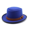 Detail of royal blue wool pork pie hat with brown leather band and metallic rivets - Sapphire Blue