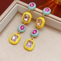 Vintage gold-toned drop earrings with turquoise and yellow enamel with pink gemstones - 9# Silver Pin Enamel Rhinestone Oval Square Tassel Earrings