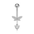Detail of silver belly ring featuring a zircon butterfly and hanging heart-shaped crystal - Butterfly Single Heart Style (2929)