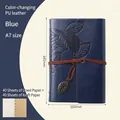 Blue A7 vintage leaf notebook in color-changing PU leather with leaf pendant - Lined / Blue / A7