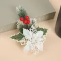 Christmas pine needle pick with white glitter flower and red berries for holiday DIY decor - White