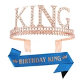 Set roi d'anniversaire avec couronne strass or rose et écharpe en tissu bleu satiné - Style peigne Or rose strass blanc + Tissu pailleté bleu marine texte or rose