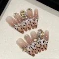 Handmade press-on nails with brown leopard patterns, gradient tones and 3D rhinestones - Extra Small (XS) / Slender Stiletto