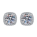 Sparkling silver cushion halo stud earrings with round brilliant moissanite stone - TED274-Cushion Halo Stud Earrings