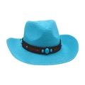 Chapeau de cow-boy en paille bleu vif avec bande en similicuir brun et pierres turquoise - Bleu lac