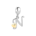 S925 sterling silver cursive letter N pendant with golden heart for charm bracelet - Letter N