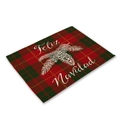 Red and green plaid Christmas placemat with pine cone motif and Feliz Navidad text - Red Green Plaid Pinecone