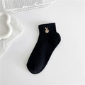Chaussettes courtes noires en coton pour femmes avec broderie lapin doré - Noir - Lapin