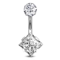Detail of silver stainless steel belly ring featuring a square-cut zircon and round gem - Square-JE0048