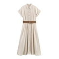 Short sleeve V-neck button down maxi dress in cream white with woven brown belt - XS / Khaki