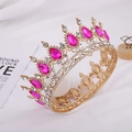 Baroque bridal crown with pink teardrop crystals and gold base on white fabric - Gold Base + Rose Red