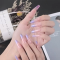 Close-up of long coffin-shaped French press-on nails with lavender purple tips - Glue Type / Light Purple French (CBLFS-05)