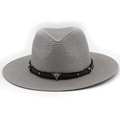 Grey straw fedora hat featuring a brown leather band and silver bull skull ornament - M (56-58cm) / Gray
