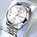 Men's business quartz watch with silver steel strap, white dial and day-date display - Silver Band White Dial
