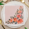 Pink floral printed square napkin placed on a decorative white lace plate for parties - Pink Flower (1043)