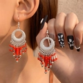 Bohemian silver hoop earrings with vibrant red bead tassels and vintage carved metal design - Antique Silver 11187