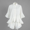 Detail of ruffled cuffs and hem on a white cotton-linen two-piece shirt and shorts set - S / White