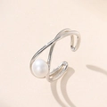 Bague ouverte croisée en argent S925 avec perle blanche ronde pour femme élégante - Or Blanc - Perle Blanche