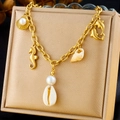 Gold ocean themed necklace with sea shells, seahorse, dolphins and pearl pendants - Seahorse Dolphin Pearl Shell Style (N3140)