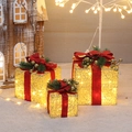 Set da 3 scatole regalo di Natale dorate e luminose con fiocchi rossi e luci LED calde - Oro (Con Luci) / Set da 3 pezzi