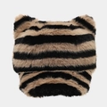 Casquette en peluche avec oreilles de chat et motif zébré pour chaleur hivernale - Rayures Noir et Kaki