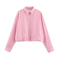 Pink striped long sleeve shirt with classic collar and elasticated waist hem for women - XS / Pink