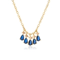 Golden necklace with five blue teardrop crystals and champagne diamonds on a white background - Gold Plated Blue Zirconia