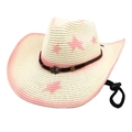 Detail of straw cowboy hat with pink stars, Hamsa charm, and braided band texture - M (56-58cm) / Cream