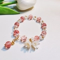 Chic beaded bracelet with pink crystals and white flower charms on a golden metal chain - Rose Red Lily Of The Valley Bracelet Sz179