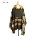 Women's plaid hooded poncho with green and yellow check pattern and fringe trim - Dark Green
