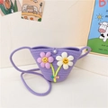 Kids purple straw crossbody bag featuring smiling flower patches and pearl button closure - Style 1 Purple