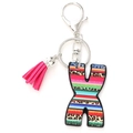 Letter H keychain with Seraphin pattern stripes and leopard print featuring pink tassel - Letter X