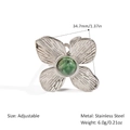 Anello regolabile dorato con grande fiore in argento e intarsio di pietra marmorea verde - Stile Argento Spazzolato a Quattro Petali(YYR025279-P)