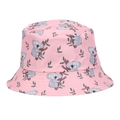 Detailed view of pink bucket hat featuring cute cartoon sloth and leaf patterns - M (56-58cm) / Pink