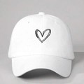 Cappellino da baseball in cotone bianco con ricamo a cuore nero e visiera curva regolabile - Taglia unica / Bianco