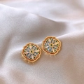 Golden vintage floral earrings with blue and green enamel on soft beige silk - Gold Geometric - Silver Pin