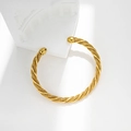 Golden woven stainless steel open bangle with twisted rope design and polished beads - Gold 6