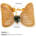 Golden woven mesh butterfly bracelet with a green heart stone and zircon accents - Dark Green