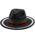 Luxurious black wool fedora hat with green red stripes and sparkling rhinestones - Black with Red Green Stripes (JXF-48609)