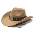Cappello da cowboy classico in pelle scamosciata color cuoio con fibbia a toro - M (56-58cm) / Decorazione a Testa di Toro (YWK-16) / Cammello