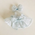 Blaues kariertes Puppenkleid-Set mit Rüschenrock und Schleifen-Accessoire für Puppen - Passend für 17cm Puppe / Blaues Puff-Trägerkleid + Haarklammer / Blau