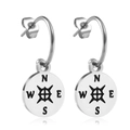 Silver stainless steel compass earrings with engraved N S E W direction letters - Steel